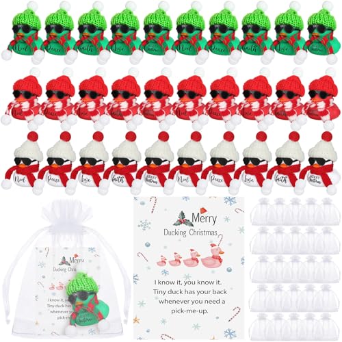 Lunmon Christmas Party Favors Set with 50 Rubber Ducks, Cards, Hats & Organza Bags - Red Green White Xmas