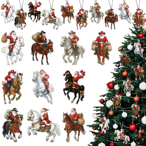 Huwena Vintage Santa Claus on Horse Wooden Christmas Ornaments - 30 Pack