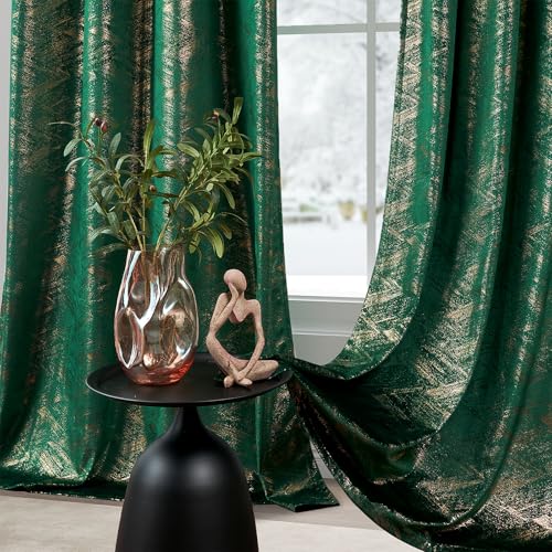 Chorowl Green and Gold Velvet Curtains 52x90 in (Pack of 2) - Gilded Foil Print Living Room