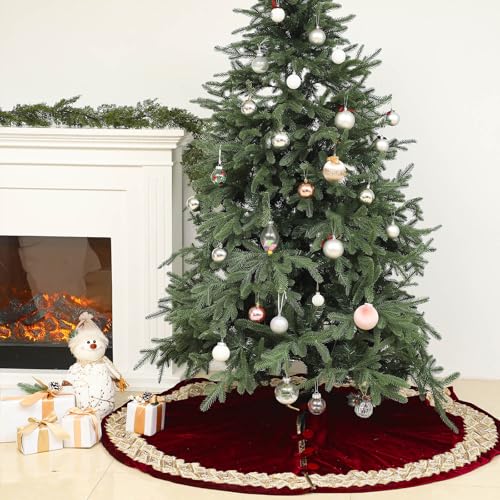 Soulchen 60-Inch Burgundy Velvet Christmas Tree Skirt with Gold Edge and Pearl Embellishments