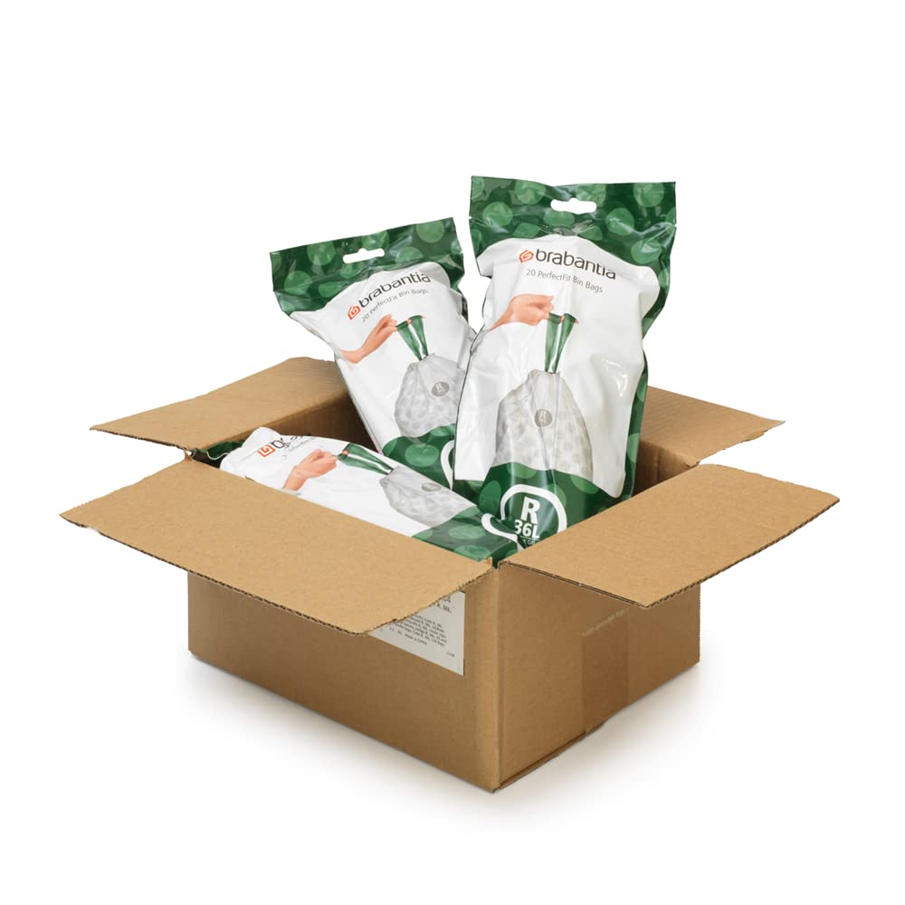 Brabantia PerfectFit Trash Bags (Size R/9.5 Gal) Thick Plastic Trash Can Liners with Drawstring Handles (120 Bags)