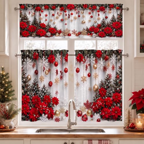 ZORKET Xmas Poinsettia 36W x 55L 3-Piece Kitchen Curtain Set with Valance (Over Sink) - Holiday Window Decor