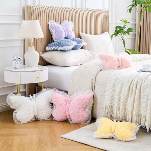 Butterfly Shaped Throw Pillow with Lace Trim, Soft Plush Decorative Cushion