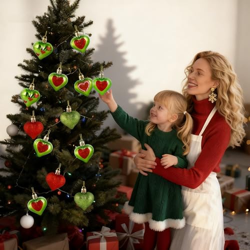 30 Pcs 5 Styles Lime Green Christmas Heart Ornaments 1.8 Inch Glittering Heart Shaped Tree Hanging Ornaments for Christmas Anniversary Wedding Party Valentine Mother's Day Decoration
