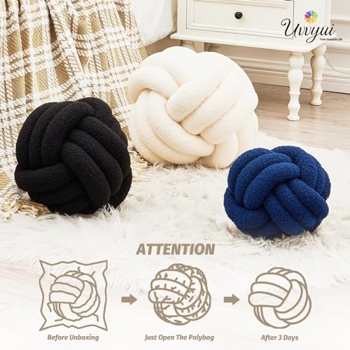Soft Handmade Knot Pillow - Round Plush Boucle Cushion (8.6" Ivory)