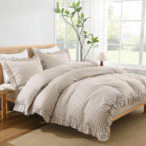 Tan Gingham Ruffle Duvet Cover Set - 3 Piece Soft Washed Farmhouse Bedding