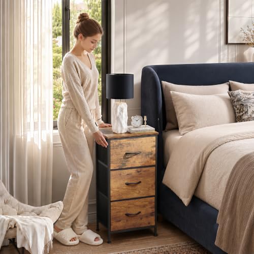 3-Drawer Fabric Nightstand with Wood Top, Compact Bedroom Storage Chest