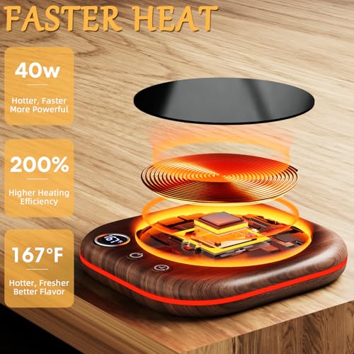 MQUPIN Wood Grain Coffee Mug Warmer with LED Lights, 3 Temp Settings, Auto Shut Off