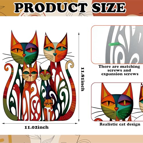 Colorful Metal Cat Wall Art 11x12 Inch Geometric Iron Feline Sculpture
