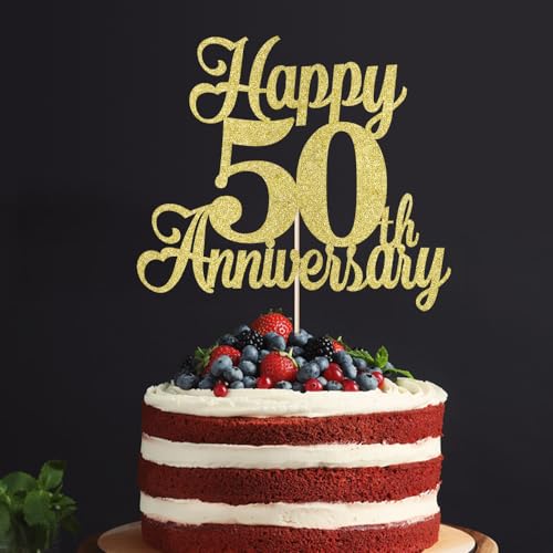 Gold Glitter 50th Anniversary Cake Topper | Happy Birthday Decoration
