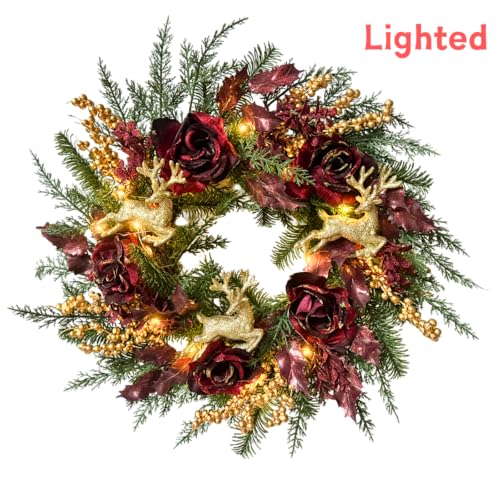 Svndlyn 22-Inch Burgundy Lighted Christmas Wreath with Timer and Reindeer