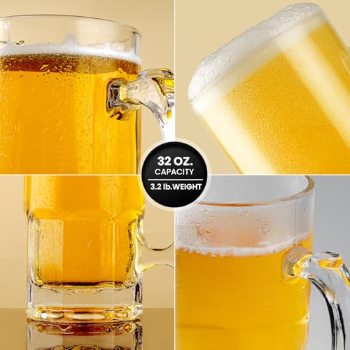 Large 34 oz Heavy Glass Beer Mugs - Set of 2 Traditional Dimpled Steins