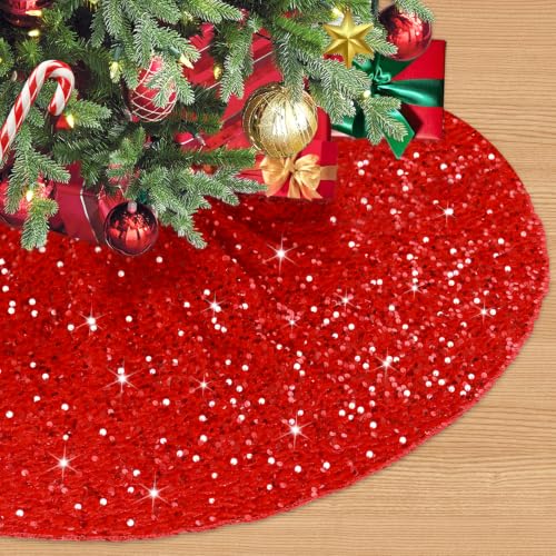 PATYDEST Red 36 Inch Velvet Christmas Tree Skirt with Sequin Embellishments
