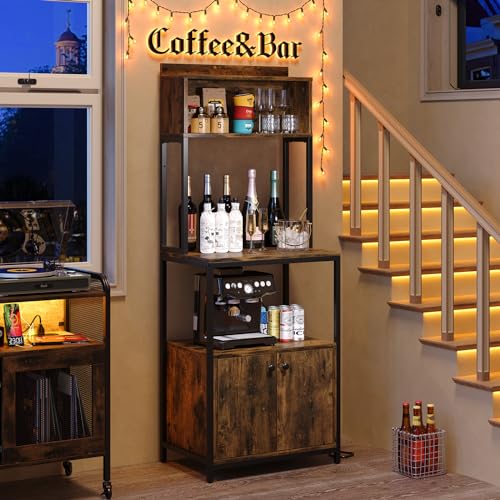 5-Tier Kitchen Bakers Rack with Power Outlet and Cabinet, Rustic Microwave Stand