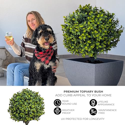 Artificial Boxwood Topiary Ball with Ground Spike, 2-Pack UV Protected