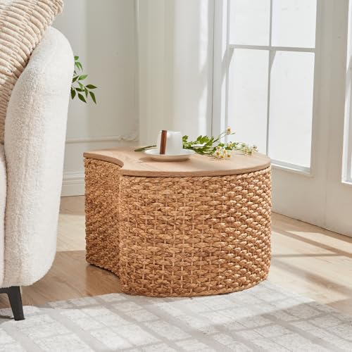 Round Wicker Nesting Coffee Table Set of 2 with Hidden Storage