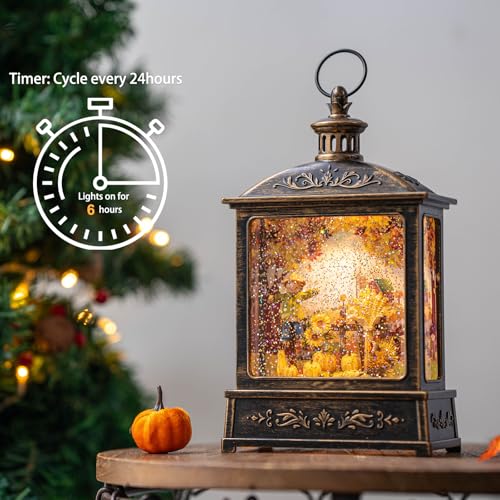 Fall Snow Globe Lantern - Lighted Water Lantern with Swirling Glitter & Timer
