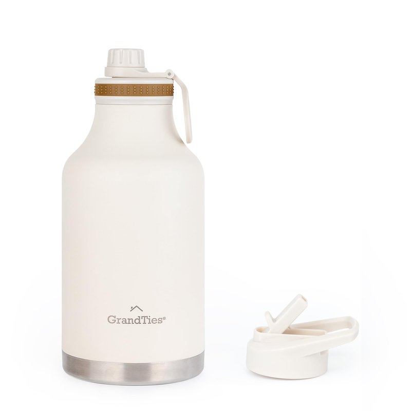 GRANDTIES 2 Lids Sports Stainless Steel Water Bottles – Wide Mouth Vacuum Insulated Reusable Leak Proof BPA-Free Travel Metal Canteen, Thermal Bottles for Men Women Gym (Ivory White 64 oz)