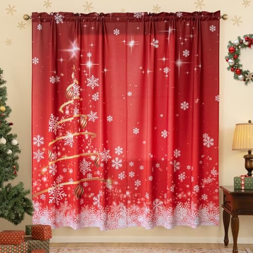 MikiUp Snowflakes Christmas Curtains 52x84 in, Pack of 2, Red Ombre Room Darkening Drapes