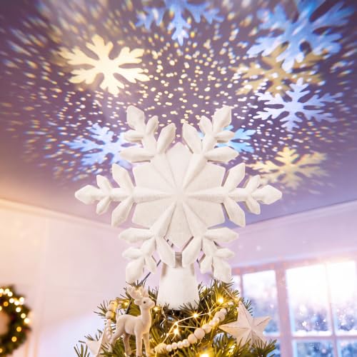 Seenelling Cream Velvet Christmas Tree Topper with LED Snowflake Projection - White
