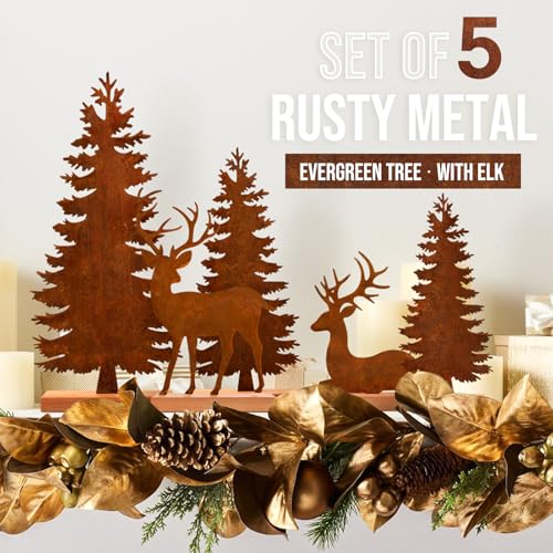 KPX Set of 5 Metal Christmas Tree and Deer Tabletop Decor, Rusty