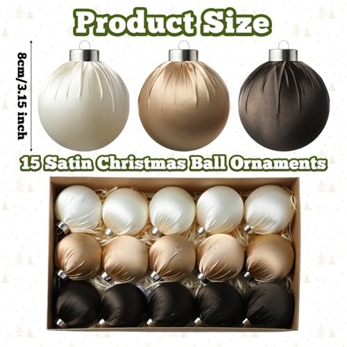 Bornerwhite Champagne Brown Satin Christmas Ornaments Set of 15 - 3.15 Inch Holiday Tree Decorations