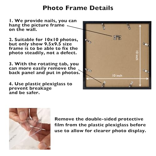 10x10 Black Square Picture Frame with Shatter-Resistant Plexiglass for Wall