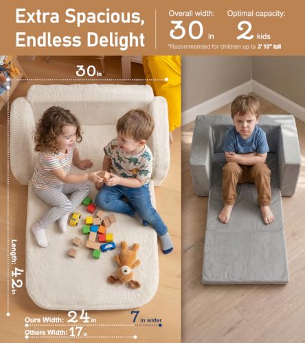 2-in-1 Sherpa Fold-Out Kids Couch, Convertible Foam Sofa Chair, Beige