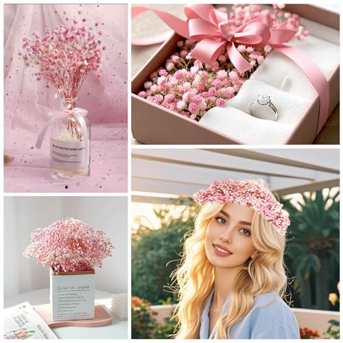 Mini Pink Dried Baby's Breath Flowers, 6-Inch Preserved Gypsophila (70 Stems)