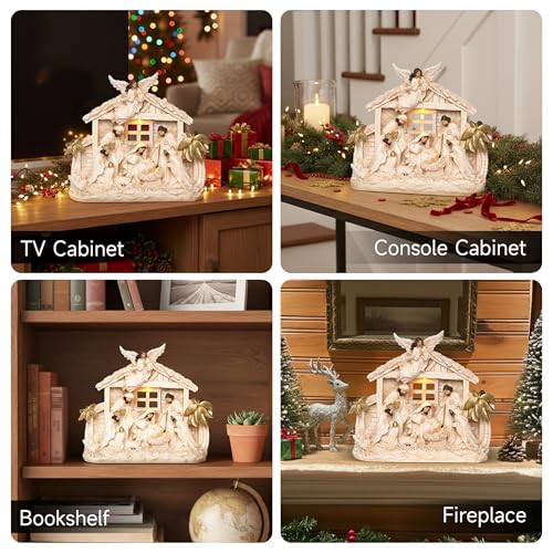 12.5-Inch Lighted Nativity Set - Resin Manger Scene for Christmas Decor