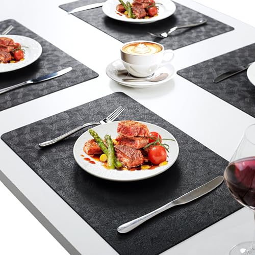 Black Faux Leather Placemats Set of 8, Waterproof Heat-Resistant Table Mats