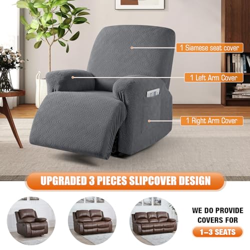 Stretch Recliner Chair Cover - 3-Piece Soft Slipcover with Pocket, Dark Gray