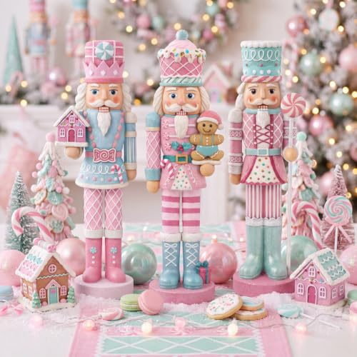 3-Piece Pastel Christmas Nutcracker Set - Resin Gingerbread Holiday Decor