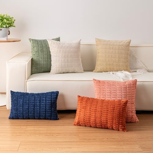 Corduroy Throw Pillow Covers 18x18 Inch (Set of 2) - Cream White Striped