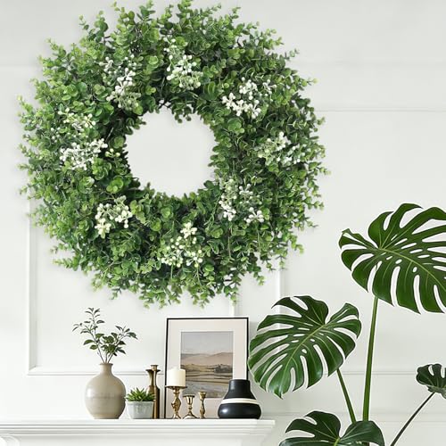 26-Inch Artificial Boxwood Wreath for Front Door, UV-Resistant Greenery
