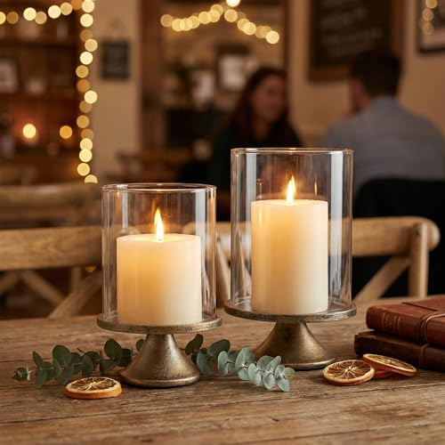 Set of 2 Elegant Hurricane Candle Holders with Glass Dome