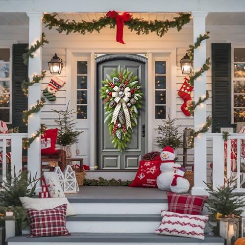 Frosted Pine Swag Christmas Door Cover, 35x71 Inch Holiday Wall Backdrop