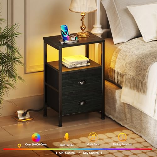 2-Piece Nightstand Set with Charging Station, LED Lights, and Fabric Drawers