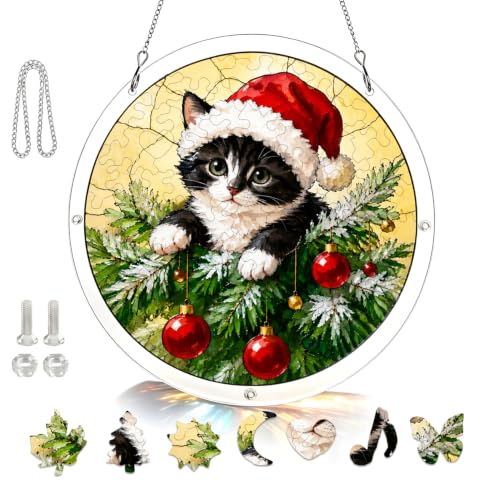 Santa Hat Cat Acrylic Christmas Puzzle Suncatcher Window Hanging Decor - HMGAWB