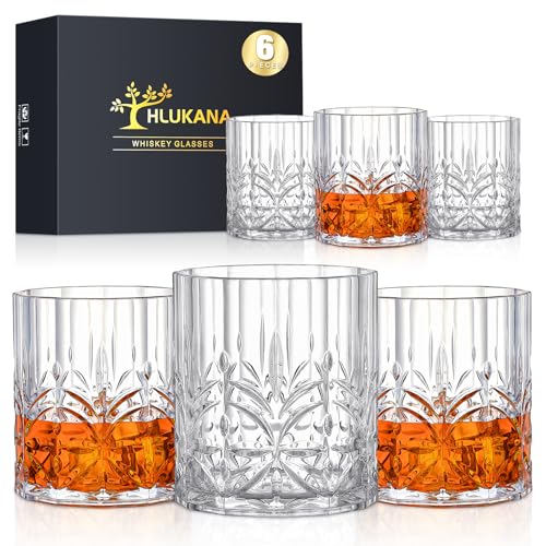 Hlukana Unbreakable 14oz Plastic Whiskey Glasses Set of 6 - BPA-Free, Dishwasher Safe, Clear Old Fashioned Rocks Glasses for Scotch, Bourbon, Rum, Vodka, Cocktails