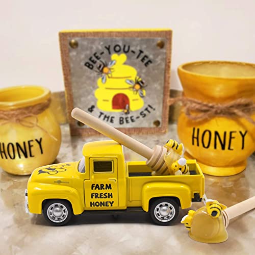 Yellow Metal Honey Bee Farm Pickup Truck with Faux Honey Dippers Set