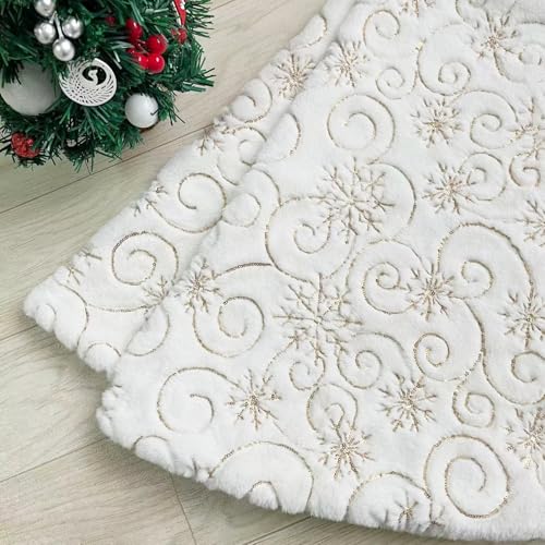 AtiMing White-Gold Sequin Christmas Tree Skirt 48 Inch Fur Holiday Decor