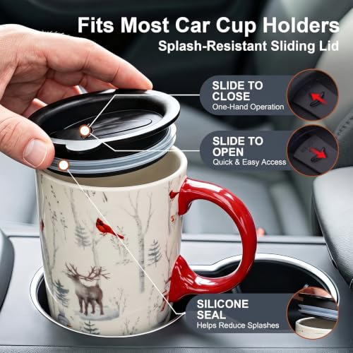 TZSSP 17oz Christmas Ceramic Coffee Mug with Lid - Winter Wildlife Holiday Gift