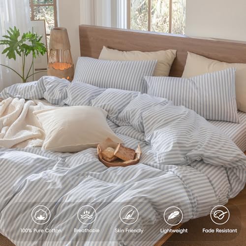 100% Washed Cotton Striped Duvet Cover Set - Queen Soft Linen Texture Bedding
