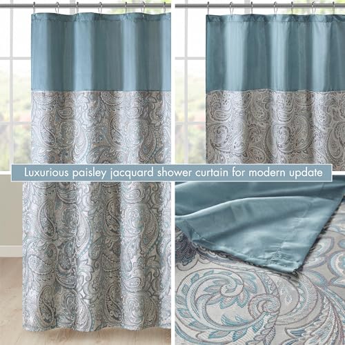 Madison Park Aubrey Shower Curtain Paisley Jacquard Pieced Microfiber Faux Silk Modern Home Bathroom Decorations Bathtub Privacy Screen, Decorative Bathroom, 72" x 72", Teal