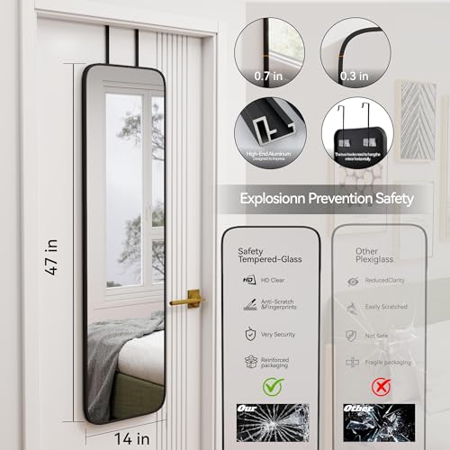 47x14 Full Length Over the Door Wall Mounted Mirror - Black Aluminum Frame