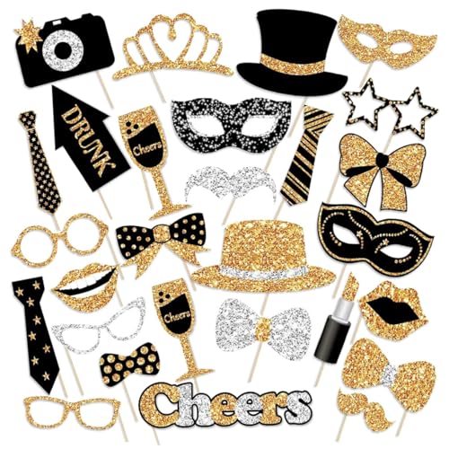 30 Pack Birthday Photo Booth Props Kit - Gold & Black Party Decorations