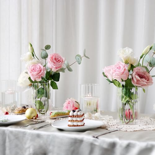 12-Pack Clear Ribbed Glass Cylinder Vases (6 Inch) for Table Centerpieces