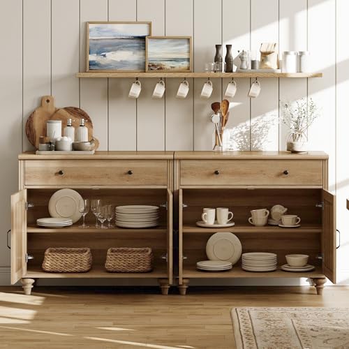 WAMPAT Oak Buffet Cabinet with 4 Doors & 2 Drawers - Vintage Gourd Legs, Large Sideboard, 67.7"