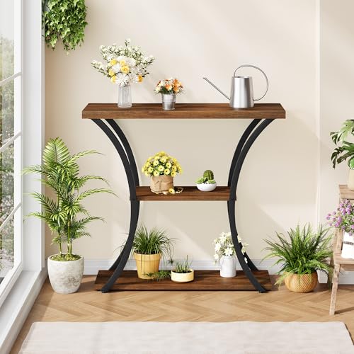 3-Tier Narrow Console Table, Rustic Wood Entryway Sofa Table with Metal Frame